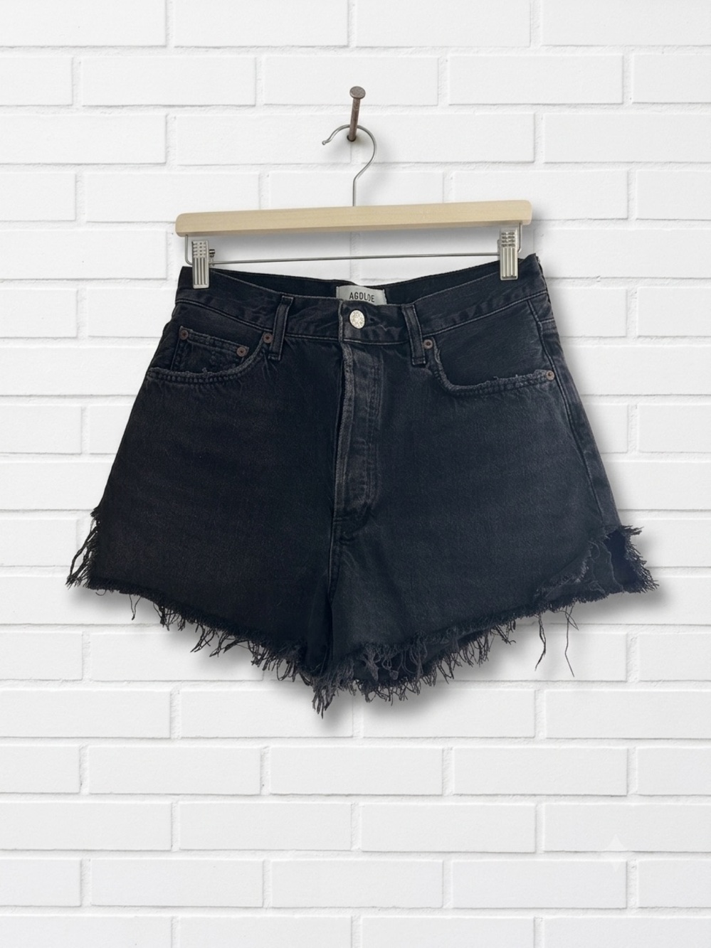 AGOLDE Dee High Rise Denim Shorts Washed Black Raw Hem Size 28